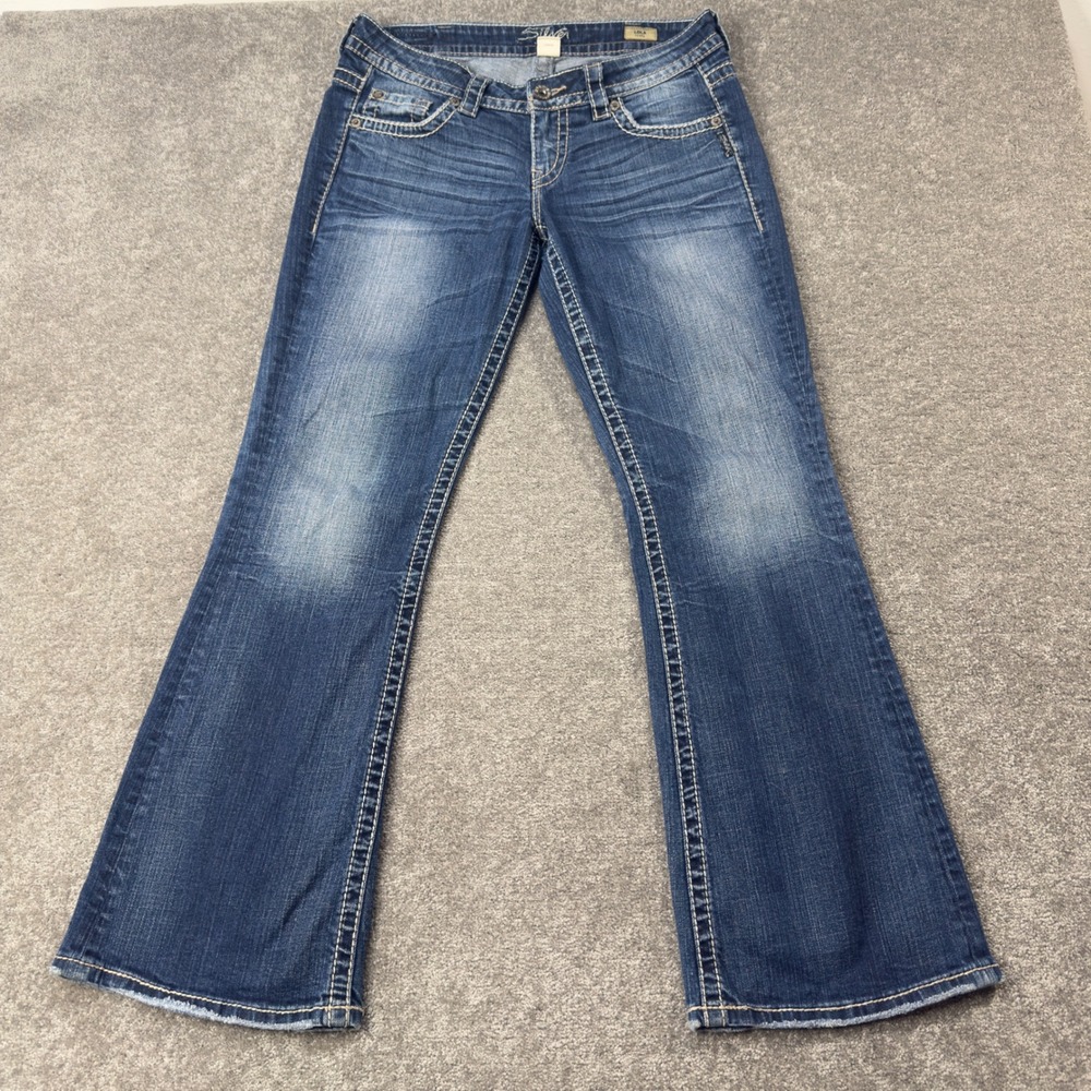 Silver Jeans Lola Flare Denim Jeans Womens 30x31 Blue Embroidered Mid Rise Y2K